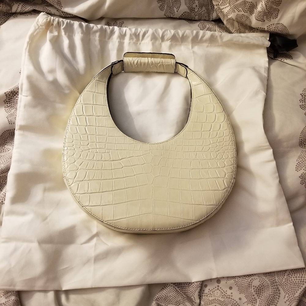 STAUD Cream Croc-Embossed Shoulder Bag